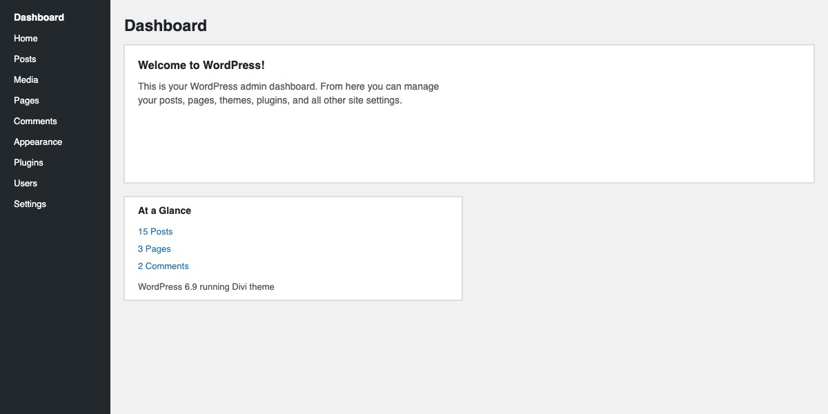WordPress admin dashboard after initial installation