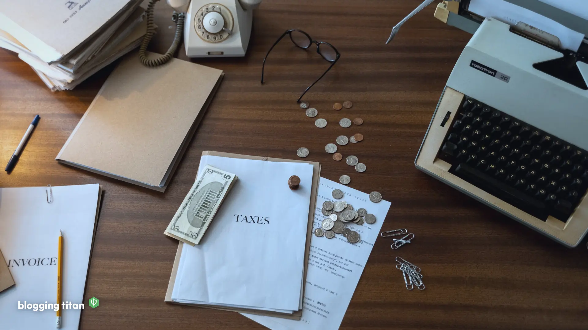 Documentary desk photograph used as the featured image for digital product ideas for bloggers - Blogging Titan