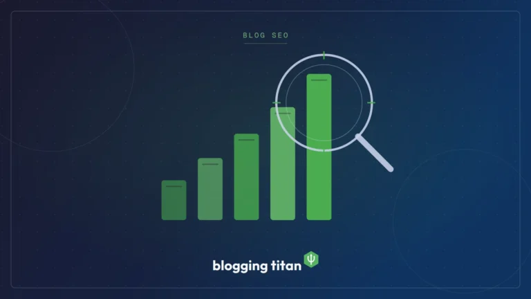 Rising bar chart under a magnifying glass illustrating the Blogging Titan page-one blogging census - Blogging Titan