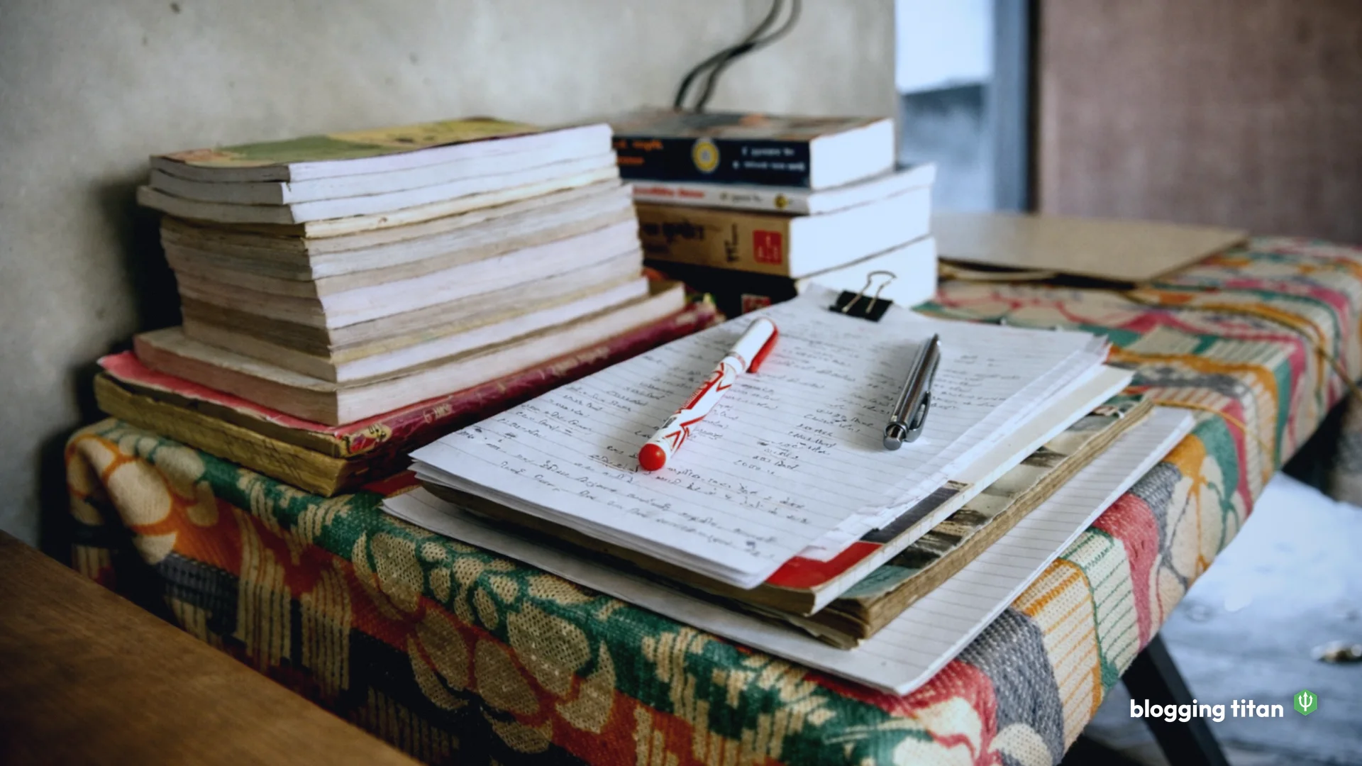 Documentary desk photograph used as the featured image for free blog vs self hosted - Blogging Titan
